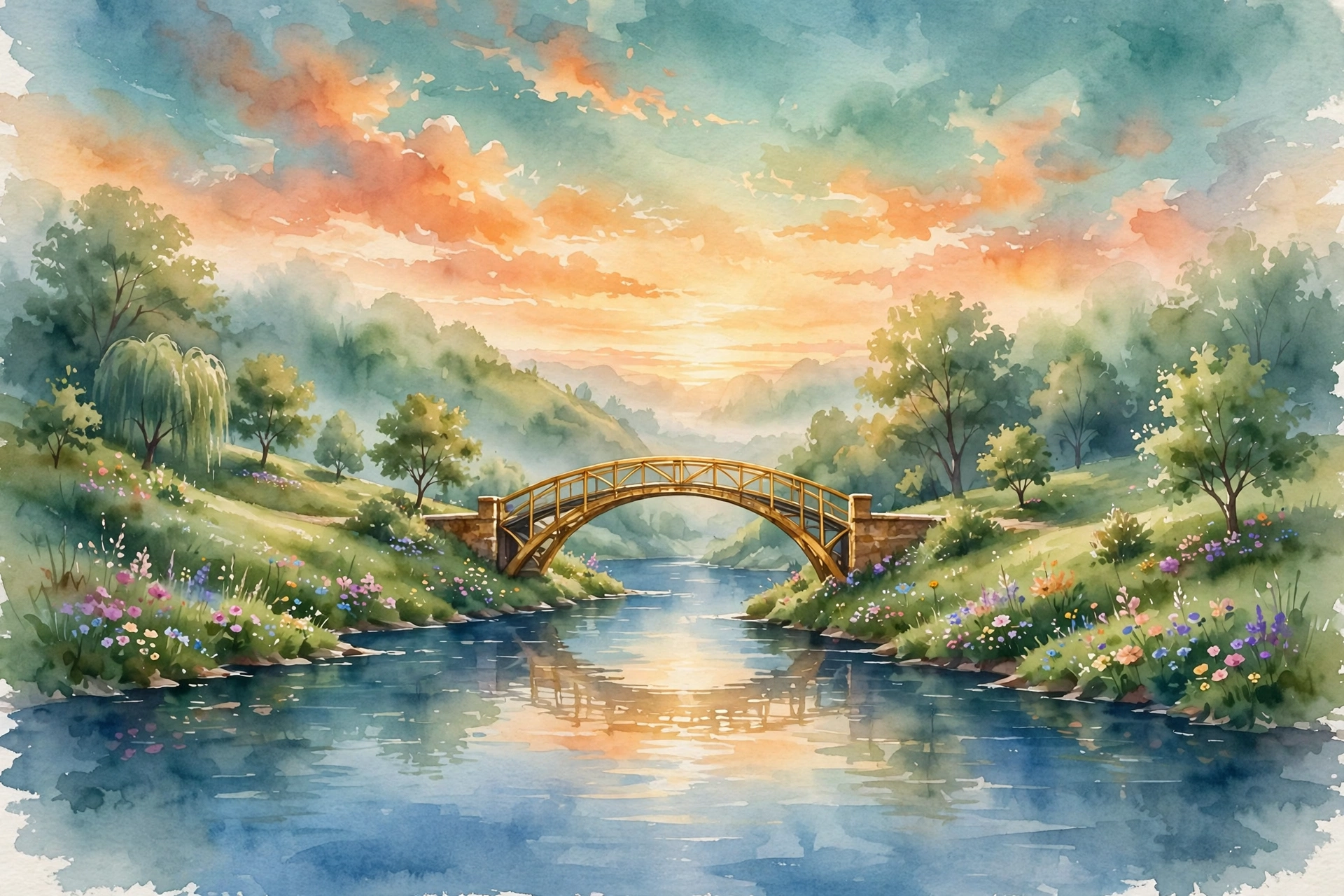 Watercolor painting of a golden bridge closing the gap between two green hills over a calm river at sunrise